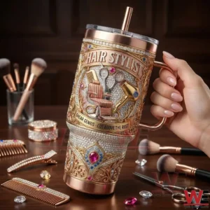 Hand holding a hair stylist themed Yeti tumbler in a salon environment!