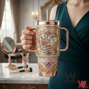 Elegant hair stylist Yeti tumbler held in front of a luxury vanity setup!