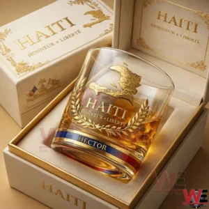 This image presents a personalized Haiti inspired whiskey glass displayed in its original box highlighting craftsmanship heritage and premium styling!