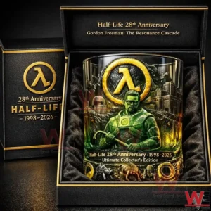 A clear whiskey glass with Half Life inspired artwork and anniversary design resting securely inside a luxury display case!