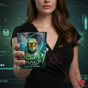 Woman holding Halo anniversary glass!