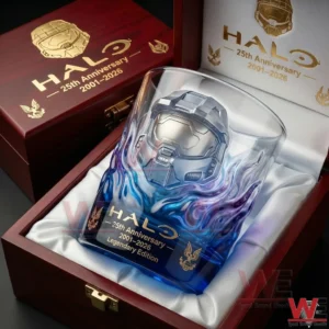 A Halo themed collector glass displayed inside a luxury wooden box!