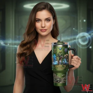 Woman holding Halo UNSC anniversary tumbler!