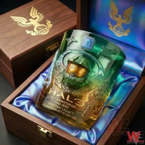 Halo anniversary whiskey glass in wooden collector box!