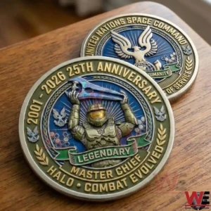 A metal collectible coin featuring Master Chief from Halo holding an energy sword!
