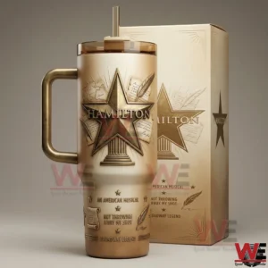 Hamilton Star 40oz Tumbler 4 Hamilton themed tumbler with star emblem handle lid and straw displayed next to a matching collector box on a neutral background!