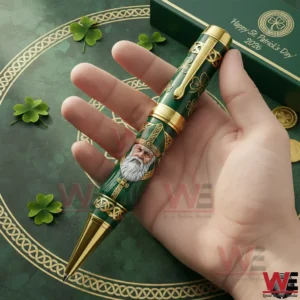 Green and gold Saint Patrick themed decorative pen with Celtic artwork held in a hand on a festive green surface!