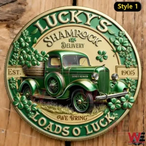 Round green and gold lucky themed coin artwork with a vintage delivery truck shamrocks and Irish celebratory text on a wooden background!
