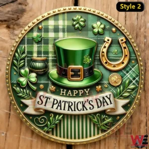 Green and gold Saint Patrick s Day coin emblem with a leprechaun hat shamrocks horseshoe and a banner that says Happy St Patrick s Day!