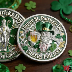 Close up of a silver and green Saint Patrick coin showing a bearded man in a green hat holding a beer with shamrocks and the words Happy St Patricks Day and Cheers For Luck.