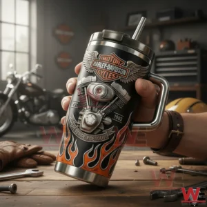 Hand holding a Harley Davidson insulated tumbler with a handle and metal straw featuring engine art and flame design in a garage workshop!