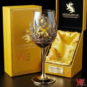 Harry Potter Huffleppuff Houses Loyalty Hard Work Goblet Glass 3 A detailed Hufflepuff wine goblet displayed with a luxurious gift box in a studio setting with golden colors!