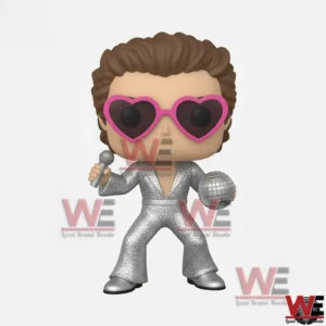 A disco inspired music collectible figure dressed in silver with heart sunglasses microphone and disco ball displayed front facing!