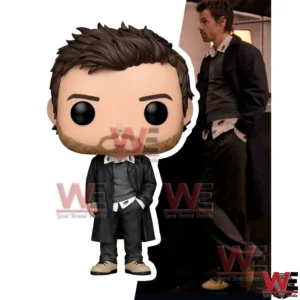 Bearded male character vinyl figure in dark clothing displayed next to a realistic character reference!