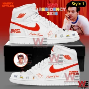 White high top sneaker inspired by Harry Styles with red accents custom name lettering illustrated icons and a black shoe box shown against a concert themed background!