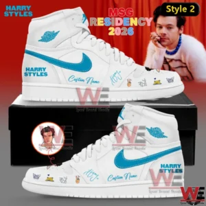 White high top sneaker with blue accents Harry Styles branding custom name text illustrated details and a black shoe box set in a concert themed display!