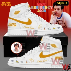 White high top sneaker inspired by Harry Styles featuring gold accents custom name text illustrated icons and a black shoe box against a bold promotional backdrop!