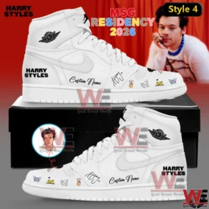 White high top sneaker with black accents Harry Styles branding custom name lettering illustrated icons and a black shoe box displayed in a promotional setting!