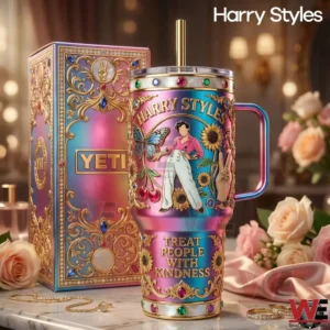 Decorative Harry Styles themed yeti tumbler with floral artwork and kindness message!