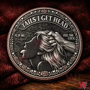 Gothic style metal coin with floral border and dramatic woman silhouette design showing a hand gripping her hair on a red fabric background!
