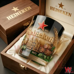 Heineken branded glass in a wooden gift box with detailed vintage style design and polished finish!