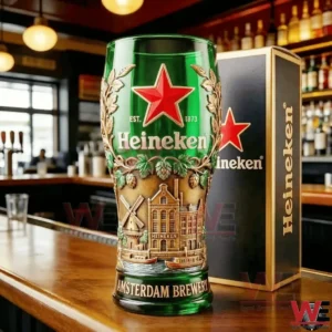 Green Heineken beer mug with ornate brewery design displayed on a wooden bar counter inside a classic bar interior!