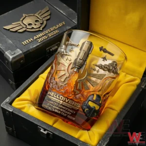 Helldivers eleventh anniversary whiskey glass displayed in a collector presentation box!