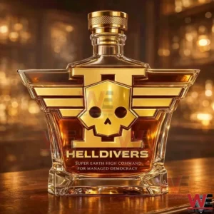 Helldivers themed whiskey bottle on a wooden table!