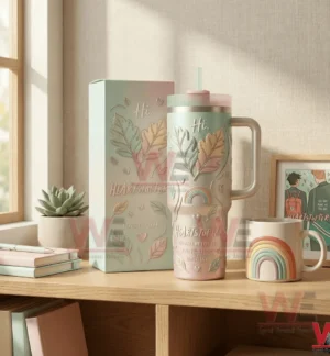 Pastel insulated tumbler with handle and straw next to a matching decorative box on a wooden shelf with cozy decor!