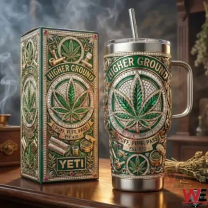 Decorative insulated tumbler with green leaf artwork and matching box on wooden table!