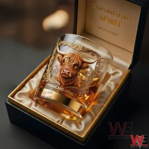 A close up view of a Highland Legacy Spirit whiskey glass with a highland cow emblem placed inside a black presentation box with soft satin lining and gold interior details!