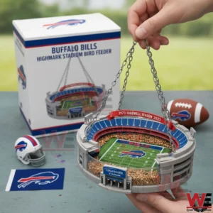 Highmark Stadium themed Buffalo Bills bird feeder with hanging chains and seed filled stands displayed with its box and small team items on a table!