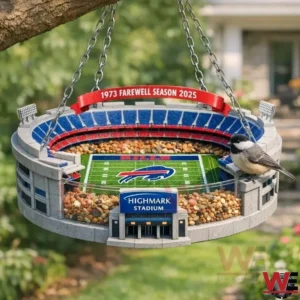 Highmark Stadium Farewell Season Buffalo Bills Bird Feeder 3 Outdoor hanging Buffalo Bills Highmark Stadium bird feeder with seed filled seating and a perched bird shown in a garden setting!