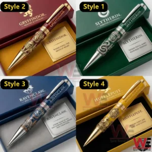 Four Hogwarts house collectible pens displayed in themed boxes representing Gryffindor Slytherin Ravenclaw and Hufflepuff!