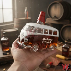 A hand holding a camper van shaped whiskey bottle filled with brown liquid shown in a rustic room with wooden barrels and soft light!