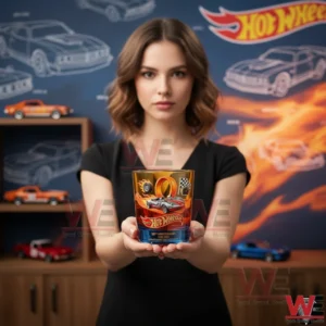 Woman holding a Hot Wheels themed commemorative whiskey glass in a car inspired display!