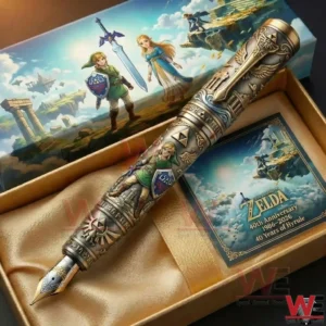 Zelda themed collector pen placed in a presentation box with fantasy artwork and commemorative card!