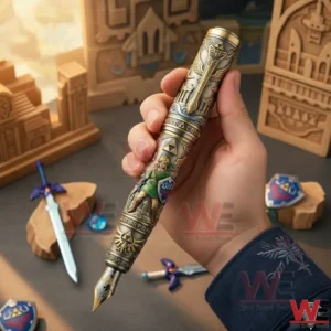 Zelda themed pen held by a hand with fantasy props and miniature scenery in the background!