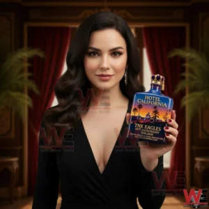 A woman holding a Hotel California themed whiskey bottle with The Eagles fiftieth anniversary design in an elegant indoor setting!