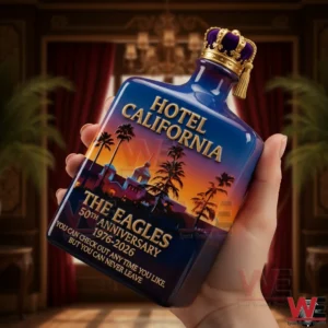 Close up of a hand holding a Hotel California themed whiskey bottle with The Eagles fiftieth anniversary artwork!