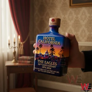 A Hotel California themed whiskey bottle held indoors in a cozy living room environment with warm lighting!
