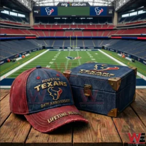 Houston Texans 24th ANniversary Casual Cap hat 3 Houston Texans 24th anniversary cap and collector box displayed on a wooden surface inside a football stadium!