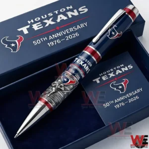 Premium Houston Texans anniversary pen set in navy red and silver inside a branded gift box with logo and 50th Anniversary 1976 2026 text!