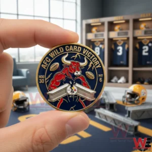 Houston Texans AFC Wild Card Victory Coin 4 A hand holding an AFC wild card victory coin with navy and gold details showing a red bull mascot and victory score while a football locker room background is out of focus