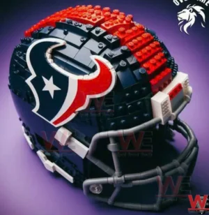 Houston Texans NFL Helmet Building Blocks Set 3 A close up of a Houston Texans building block football helmet displayed against a studio background!