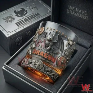 How To Train Your Dragon twentieth anniversary whiskey glass with dragon artwork and fantasy symbols presented in a themed gift box!