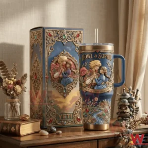 A fantasy style insulated tumbler with romantic artwork displayed next to a matching decorative box! The scene includes warm lighting vintage decor and a storybook atmosphere!