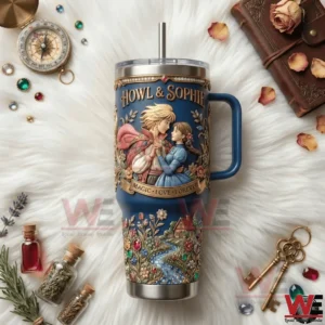 A top view of a fantasy themed tumbler with romantic character artwork! The tumbler is arranged with small decorative items on a soft surface!