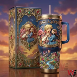A fantasy inspired insulated tumbler displayed with its matching box at sunset! The scene emphasizes romance magic and elegant illustration!