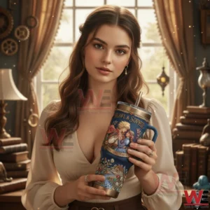 A woman holding a fantasy style insulated tumbler with detailed artwork! The background features a cozy interior with magical ambiance!
